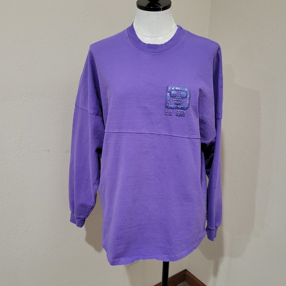 Disney World Parks Spirit Jersey purple puff glitter shirt top sz XS oversized
